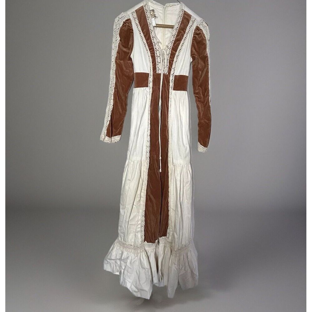 Gunne Sax Cream and Brown Long Lace-Trim Maxi Dress